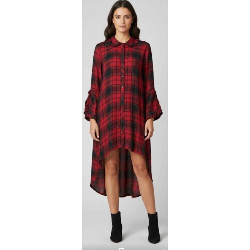 Zara womens medium boho peasant shirt dress red buffalo plaid lagenlook
